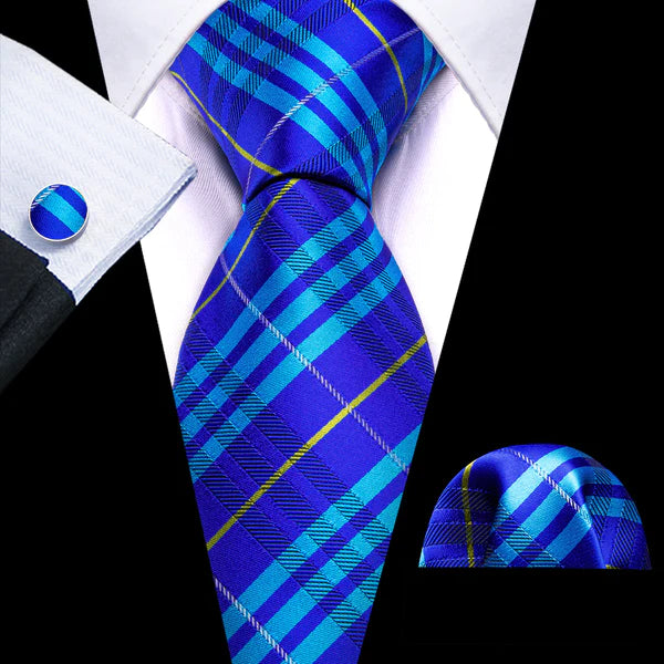 Luxury Blue Checkered Silk Tie Set