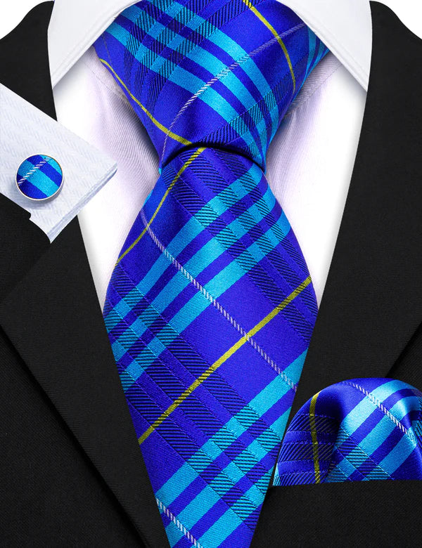 Luxury Blue Checkered Silk Tie Set