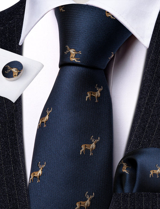 Navy Blue Reindeer Silk Tie Set