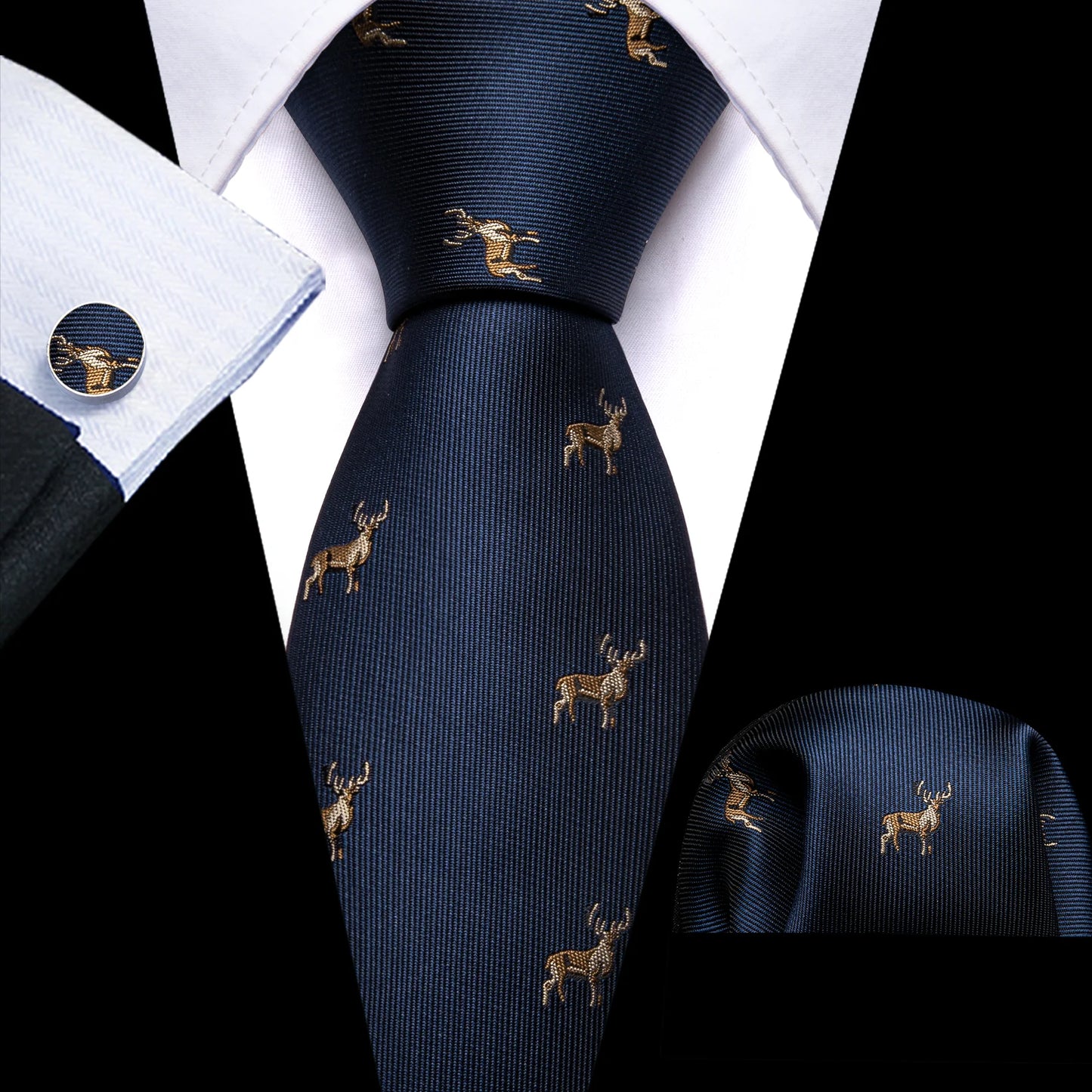 Navy Blue Reindeer Silk Tie Set