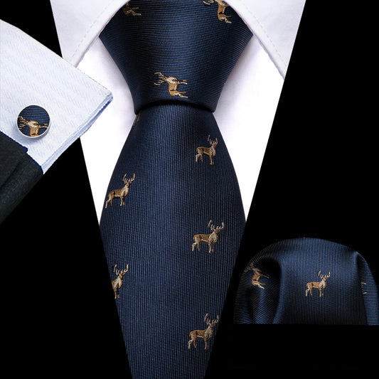 Navy Blue Reindeer Silk Tie Set