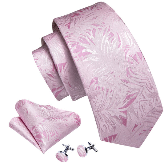 Luxury Pink Leaves Silk Tie Set