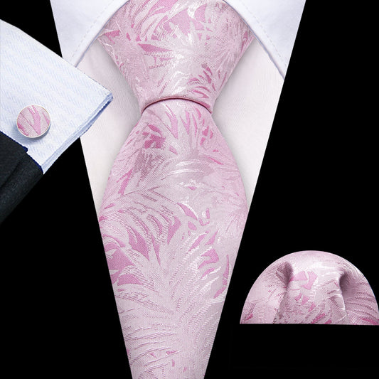 Luxury Pink Leaves Silk Tie Set