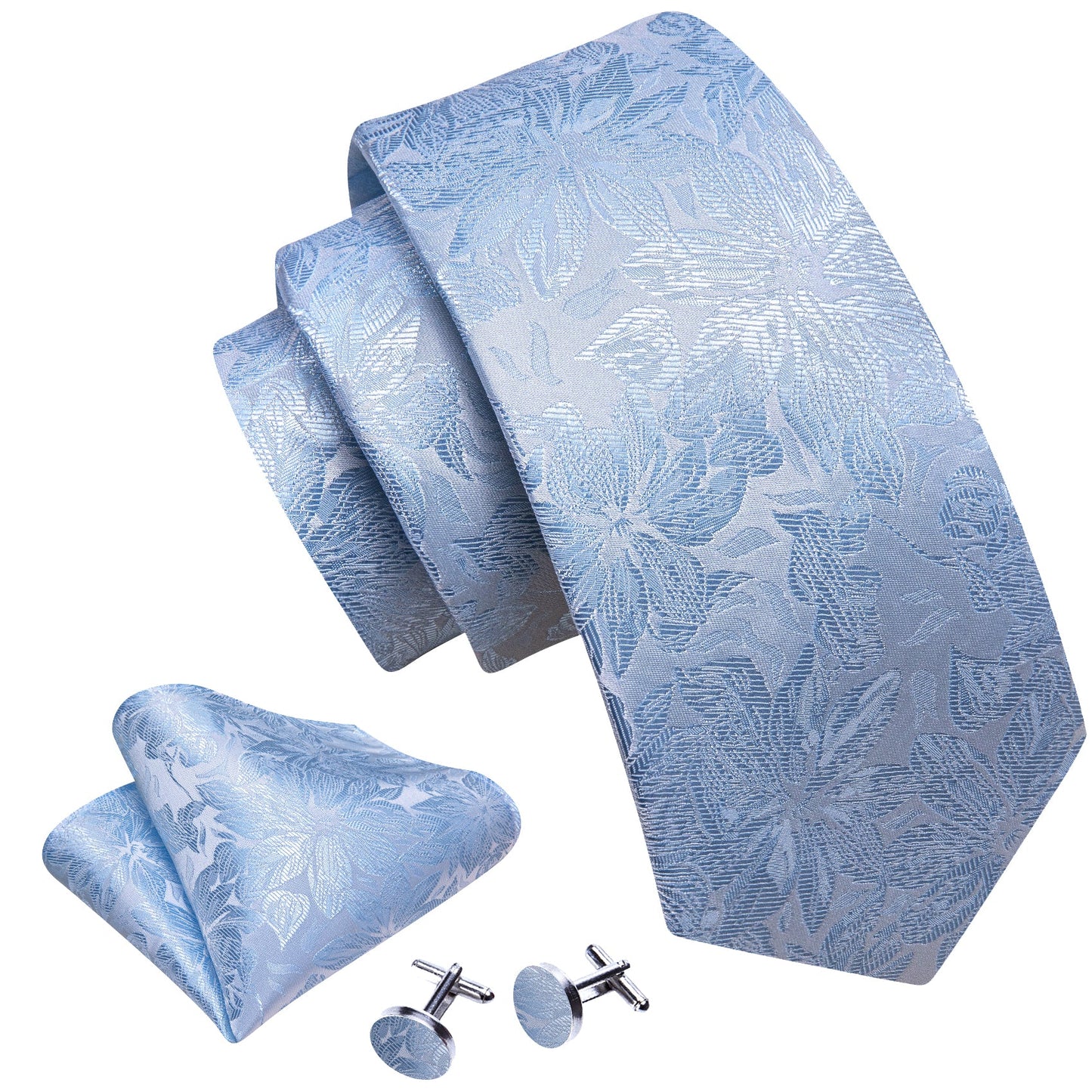 Luxury Light Blue Floral Silk Tie Set