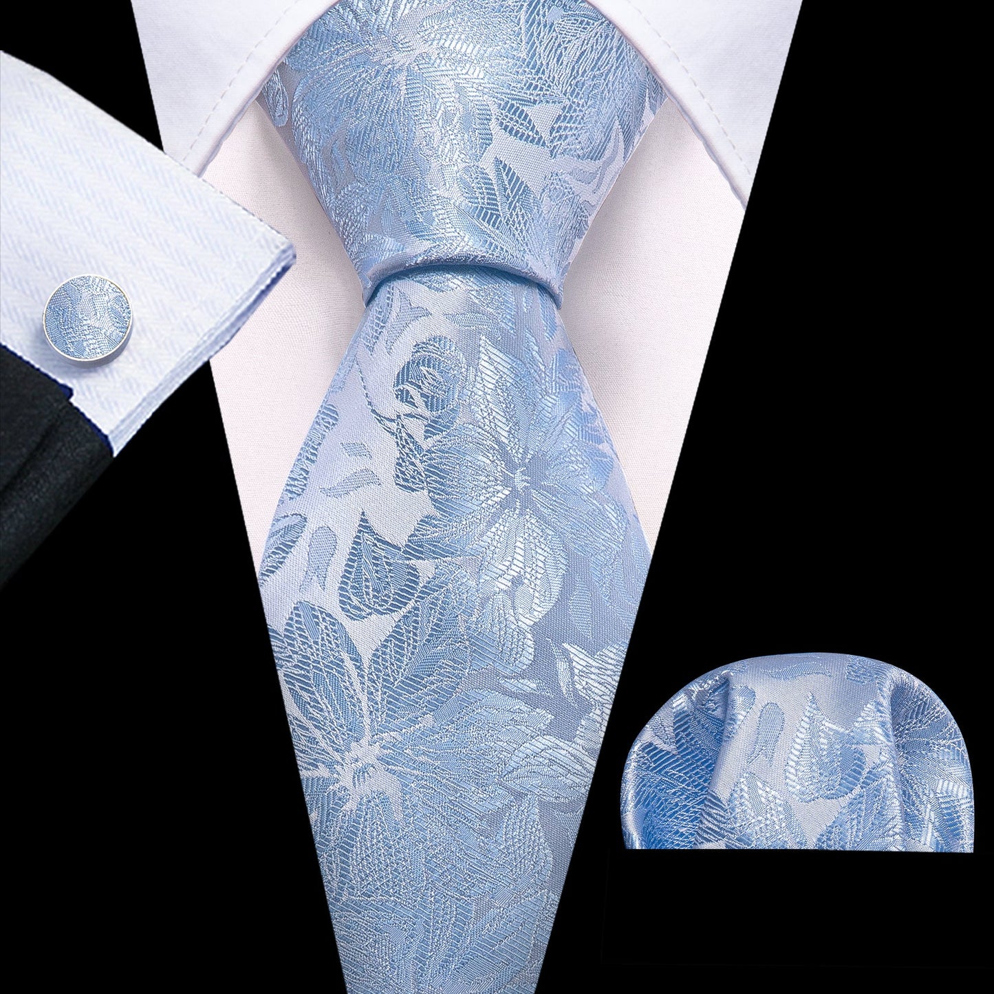 Luxury Light Blue Floral Silk Tie Set