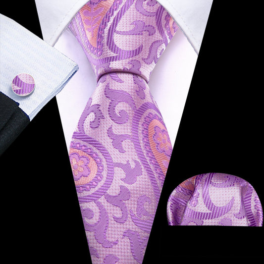 Purple Leaves with Pink Floral Paisley Silk Tie Set