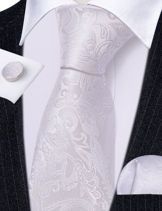 White Floral Paisley Silk Tie Set