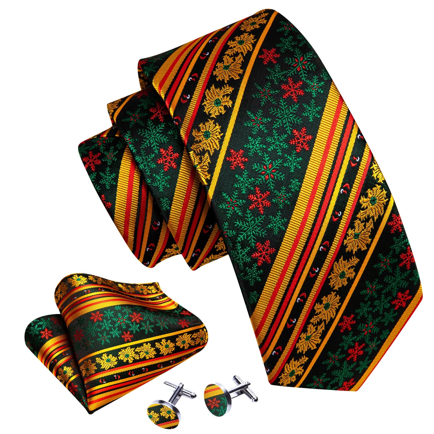 Yellow Floral with Green and Red Snowflakes Tie Set
