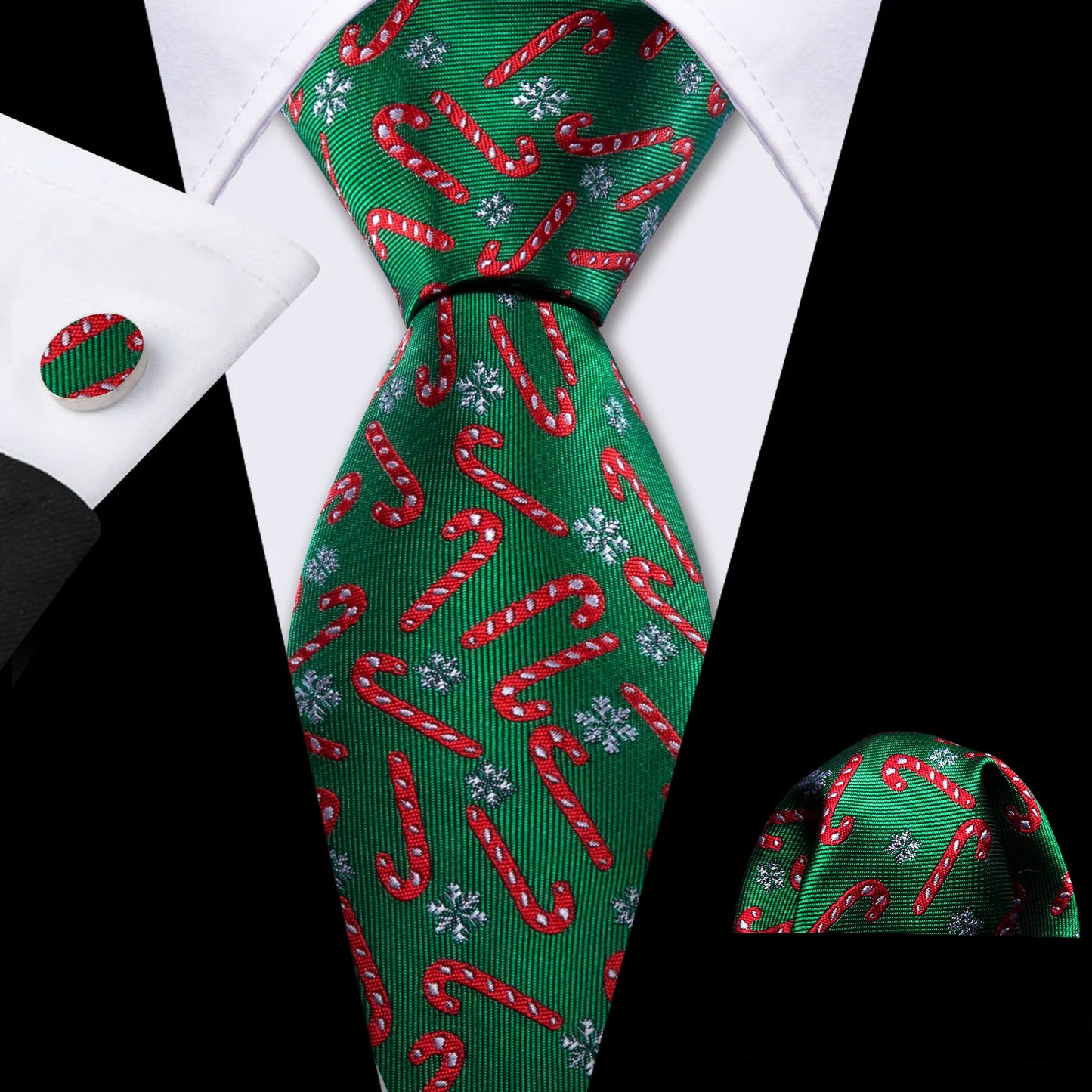 Red Cane In Green Silk Tie Set