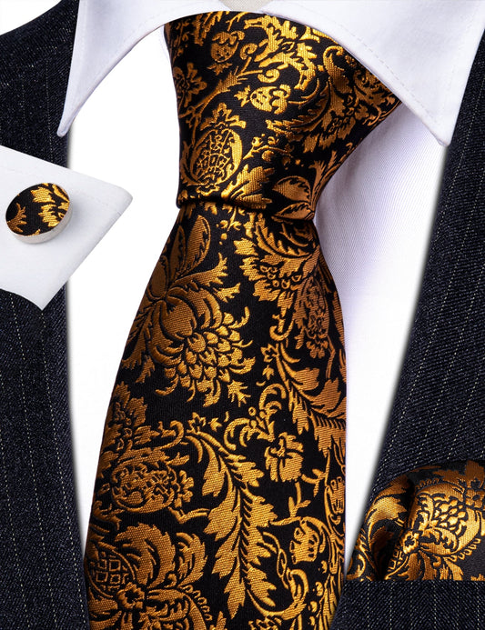 Gold Floral In Black Silk Tie Set