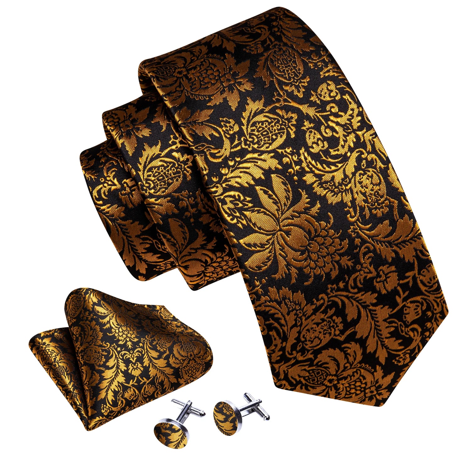 Gold Floral In Black Silk Tie Set