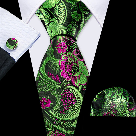 Pink and Green Floral Silk Tie Set