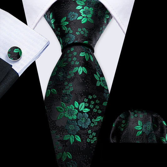 Green Tiny Flowers In Black  Silk Tie Set