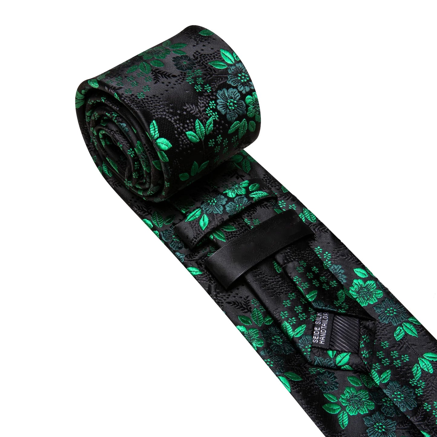 Green Tiny Flowers In Black  Silk Tie Set