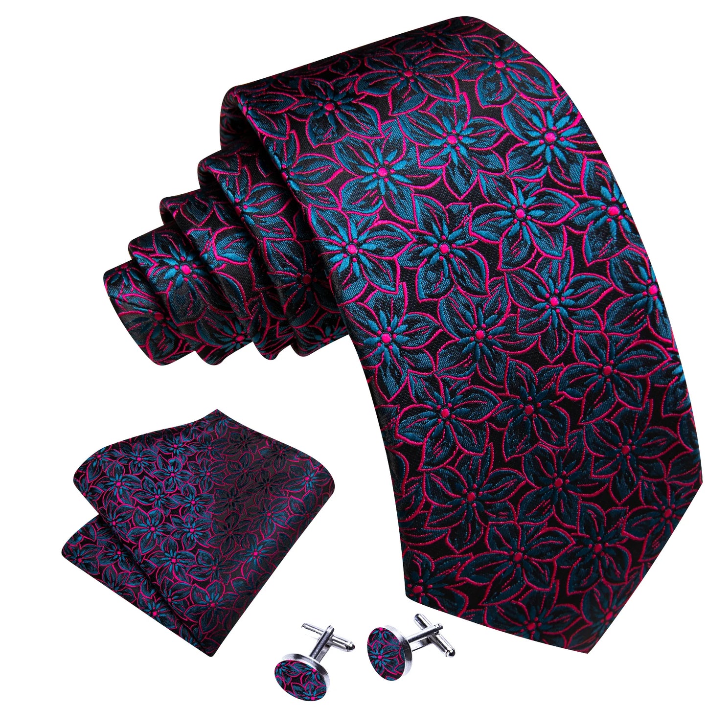 Beautiful Flowers In Pink and Blue Silk Tie Set