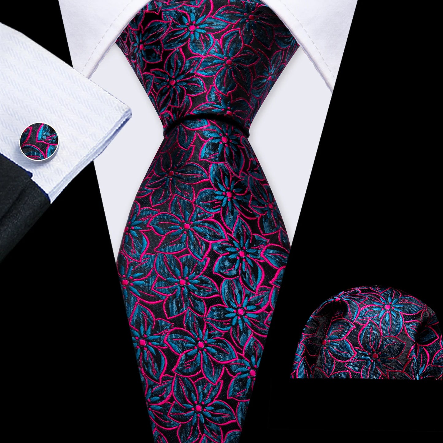 Beautiful Flowers In Pink and Blue Silk Tie Set