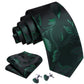 Beautiful Green Leaves In Matte Black Silk Tie Set