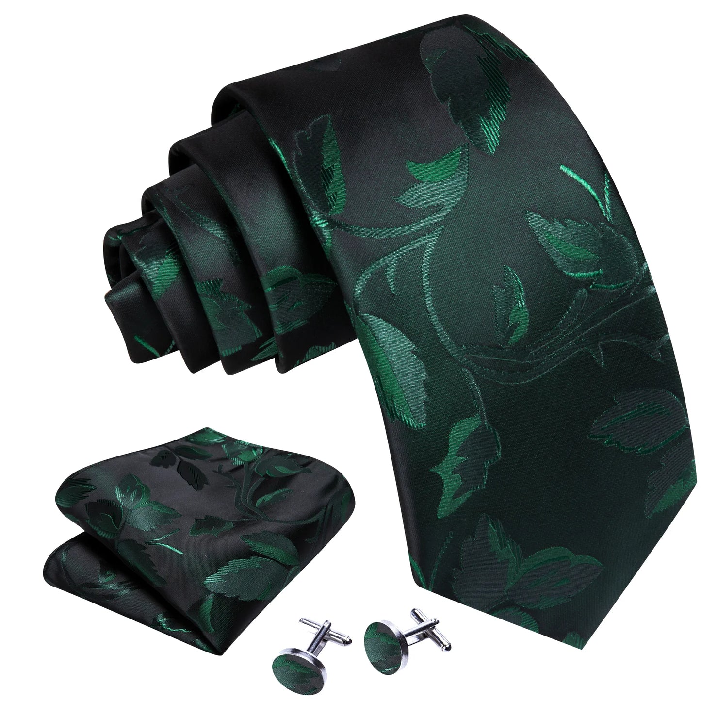 Beautiful Green Leaves In Matte Black Silk Tie Set