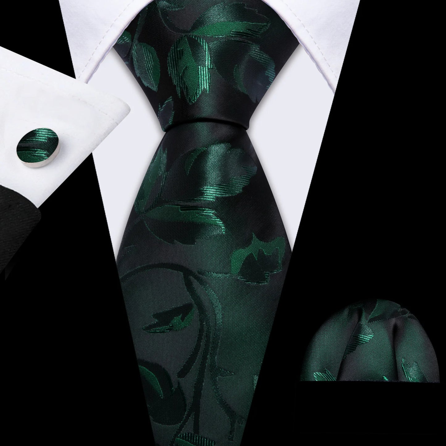 Beautiful Green Leaves In Matte Black Silk Tie Set