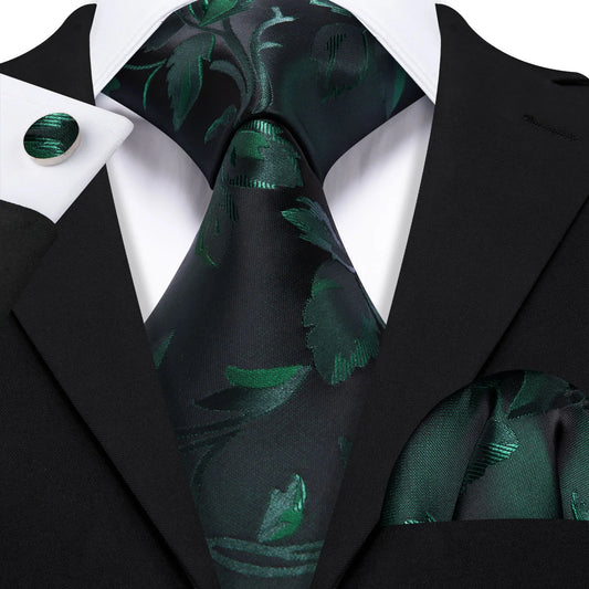 Beautiful Green Leaves In Matte Black Silk Tie Set