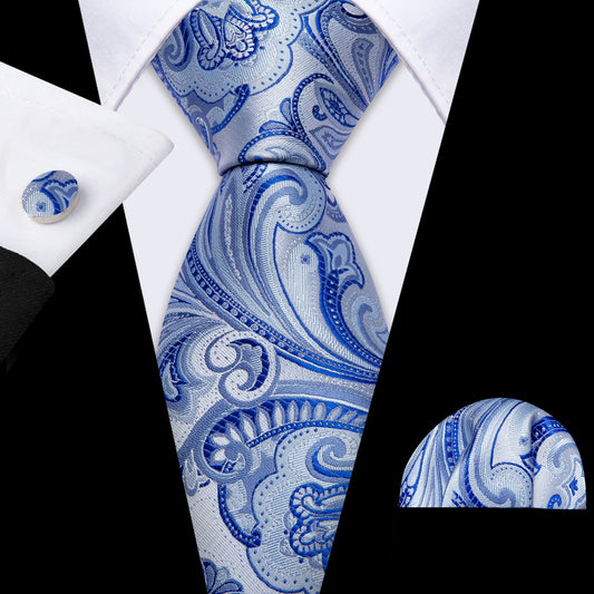 Premium Blue Tiny Flowers Silk Tie Set