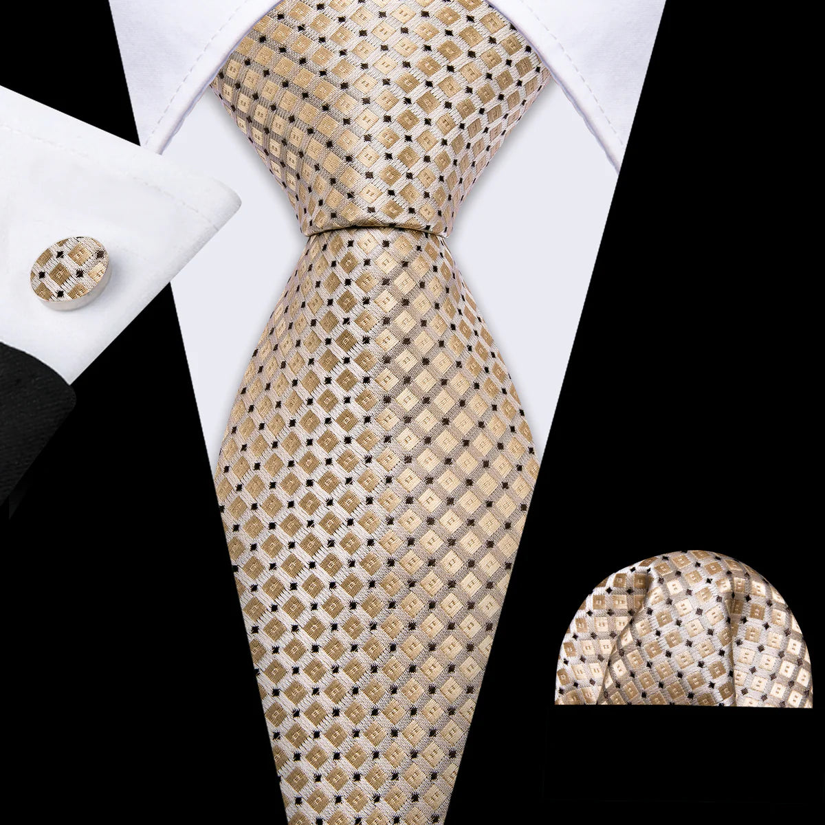 Beige Tiny Square with Black Diamonds Silk Tie Set