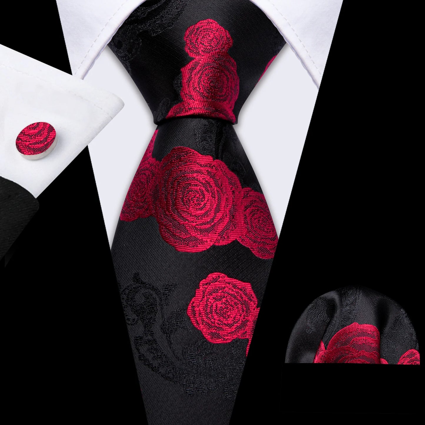 Beautiful Red Roses In Black Silk Tie Set