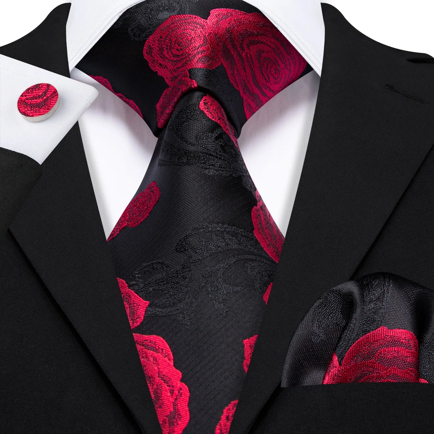 Beautiful Red Roses In Black Silk Tie Set