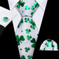 Green Clover In White Silk Tie Set