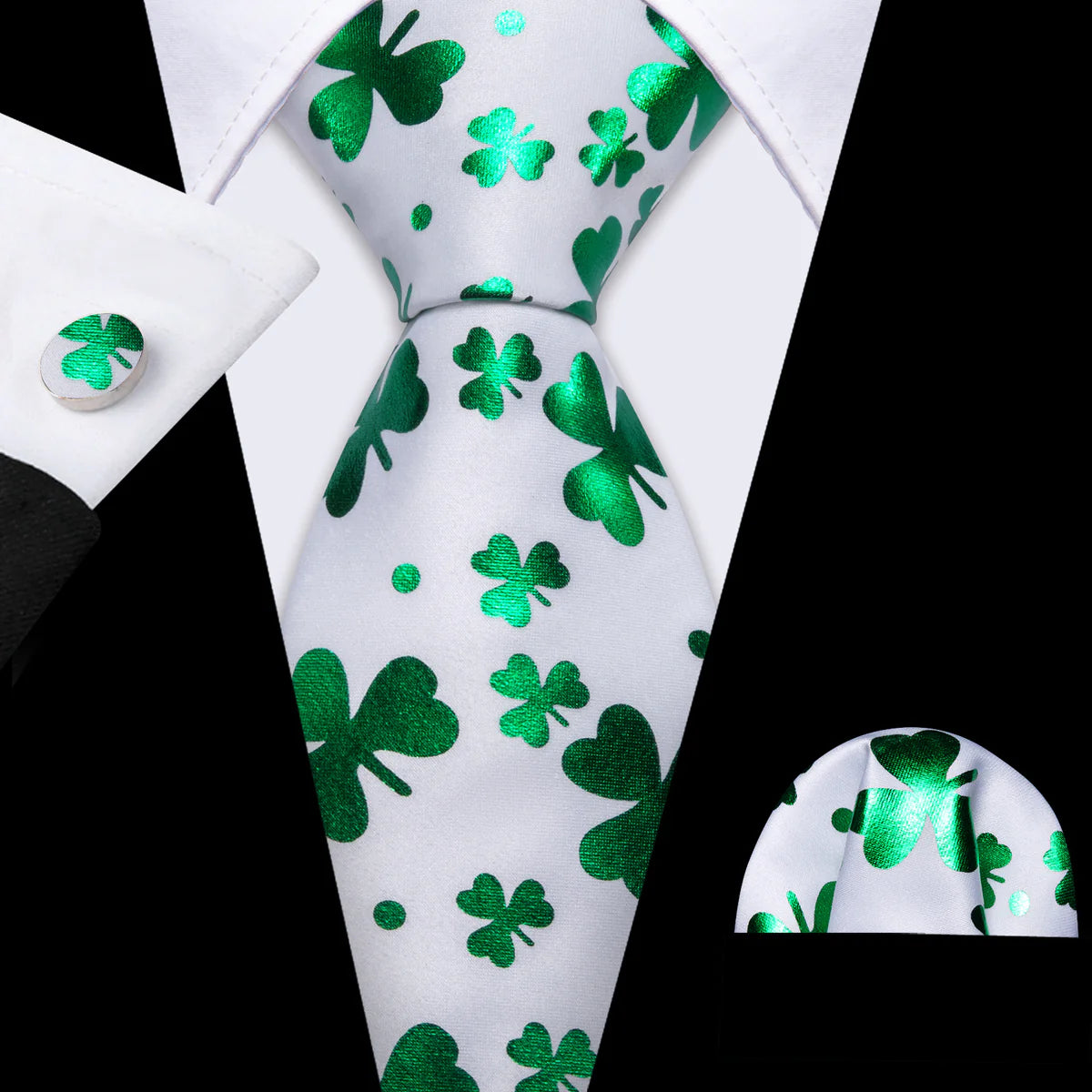 Green Clover In White Silk Tie Set