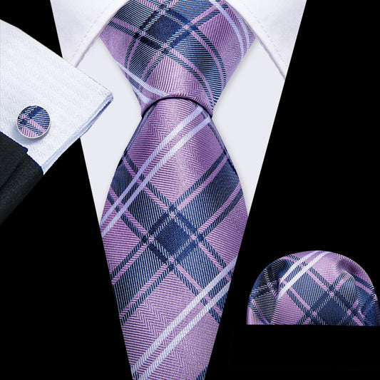 Blue and White In Purple Plaid Tie Set