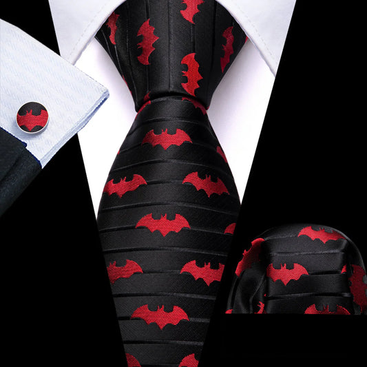 Premium Red Bat In Black Silk Tie Set