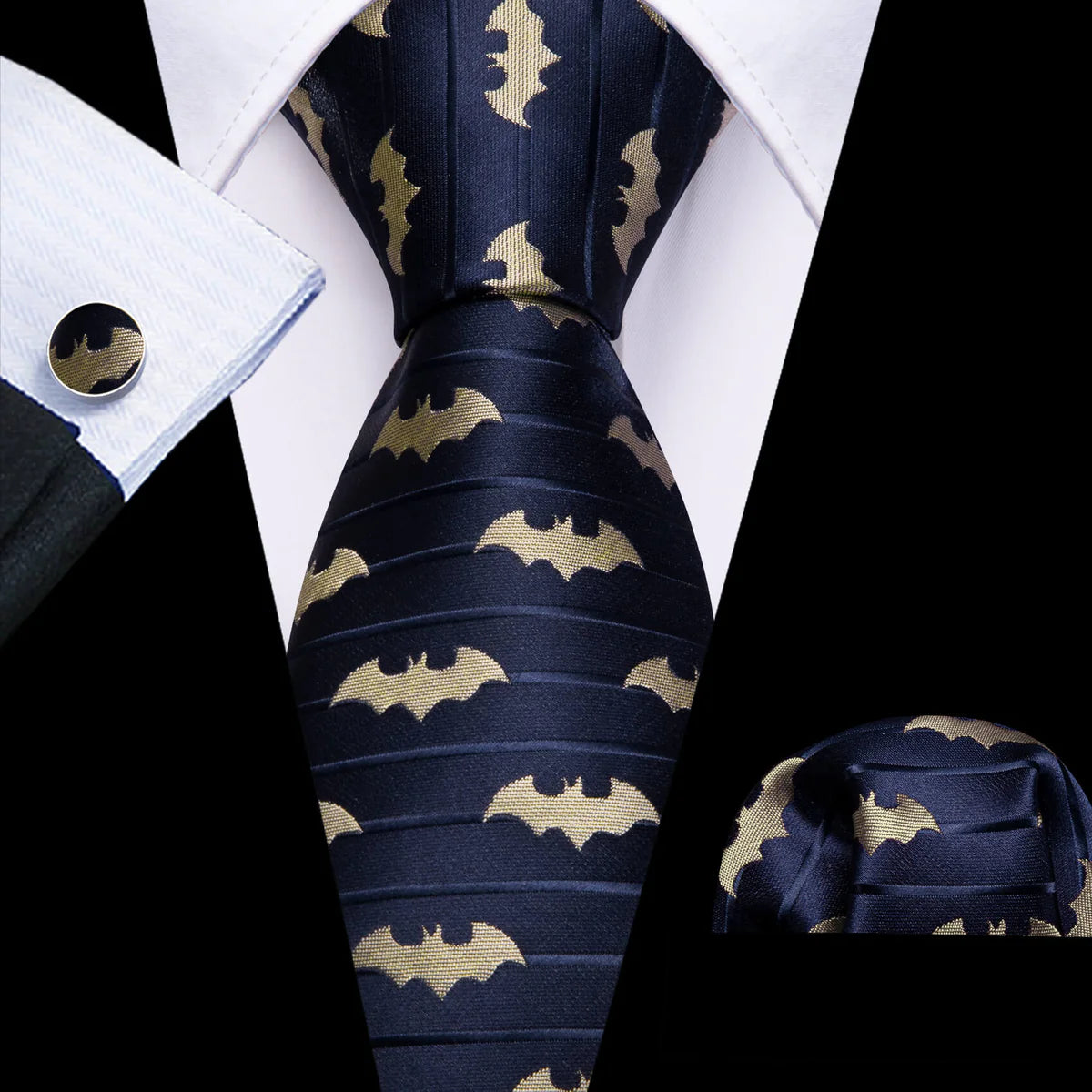 Premium Yellow Bat In Blue Silk Tie Set