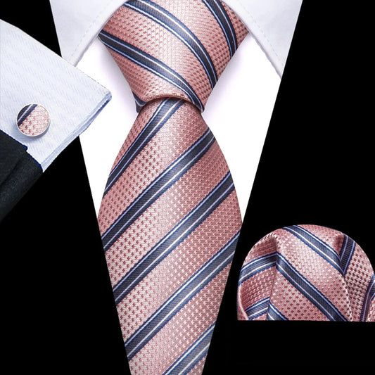 Gray Stripes In Pink Silk Tie Set - Masculine Clothes