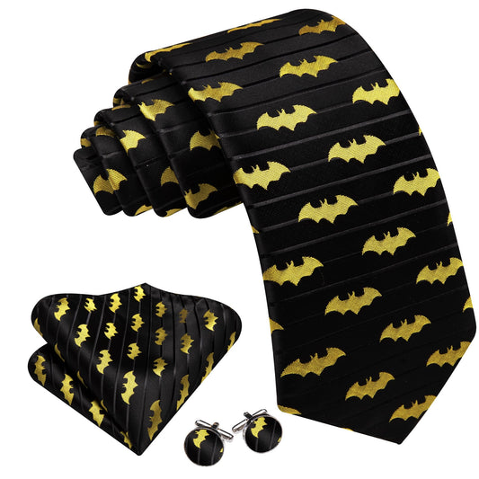 Premium Yellow Bat In Black Silk Tie Set