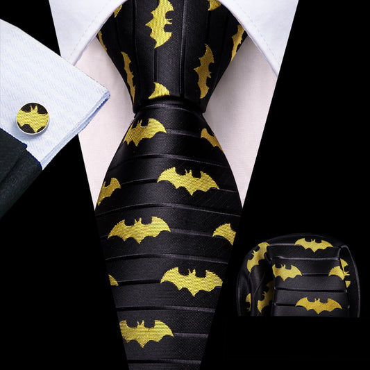 Premium Yellow Bat In Black Silk Tie Set