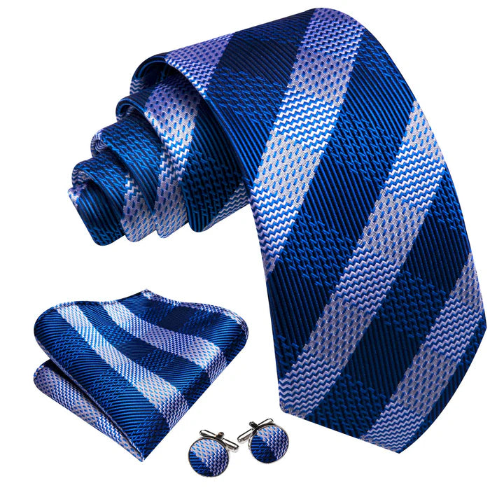 Premium Blue and White Striped Silk Tie Set