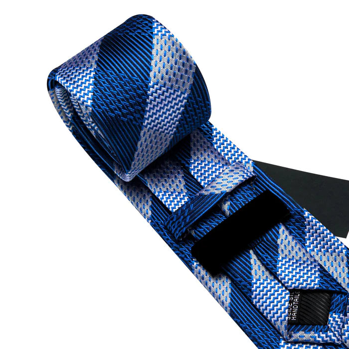 Premium Blue and White Striped Silk Tie Set