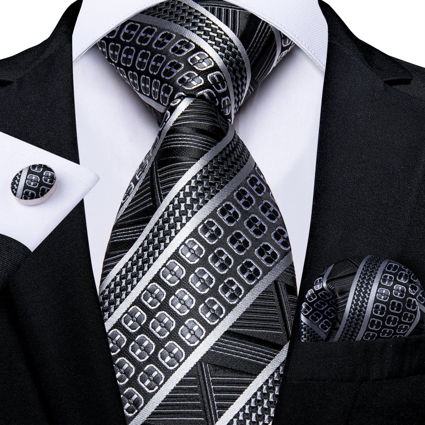 Luxury Floral Gray White and Black Plaid Tie Set