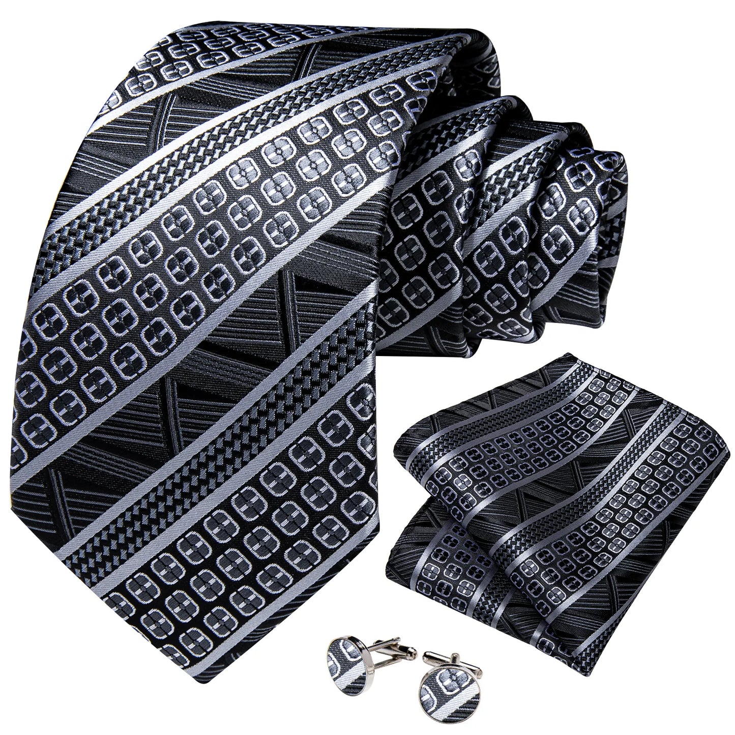 Luxury Floral Gray White and Black Plaid Tie Set