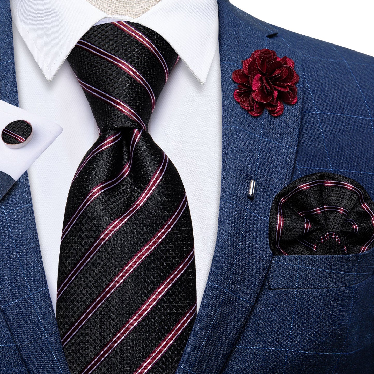 Luxury Red Lines In Black Silk Tie Set