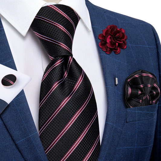 Luxury Red Lines In Black Silk Tie Set