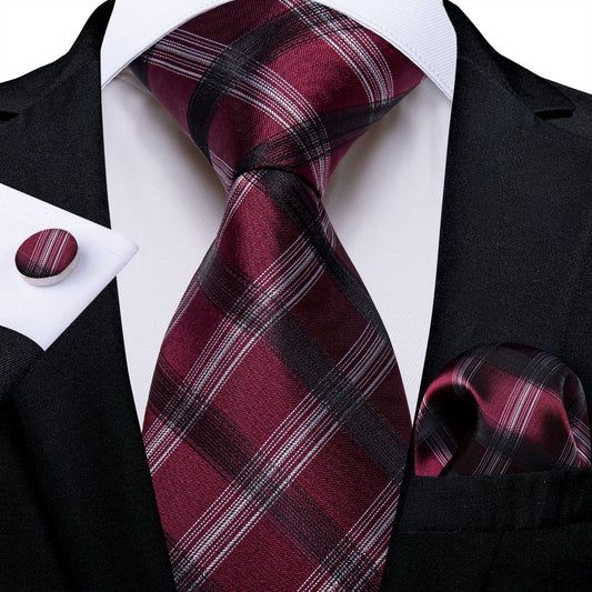 Plaid Burgundy White and Black Silk Tie Set