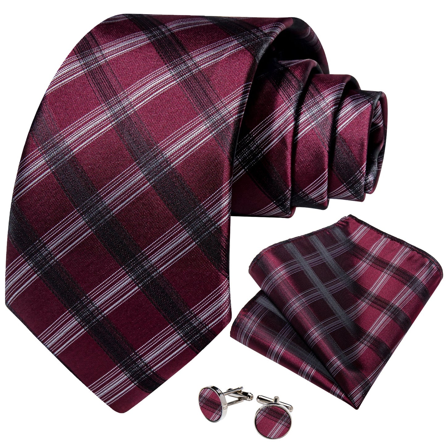 Plaid Burgundy White and Black Silk Tie Set