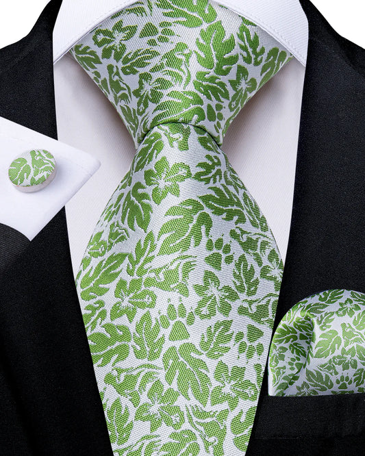 Green Leaves In White Silk Tie Set