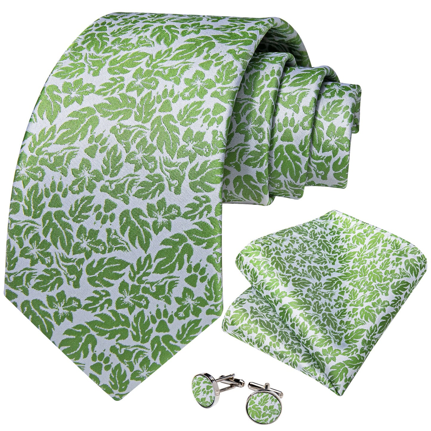 Green Leaves In White Silk Tie Set