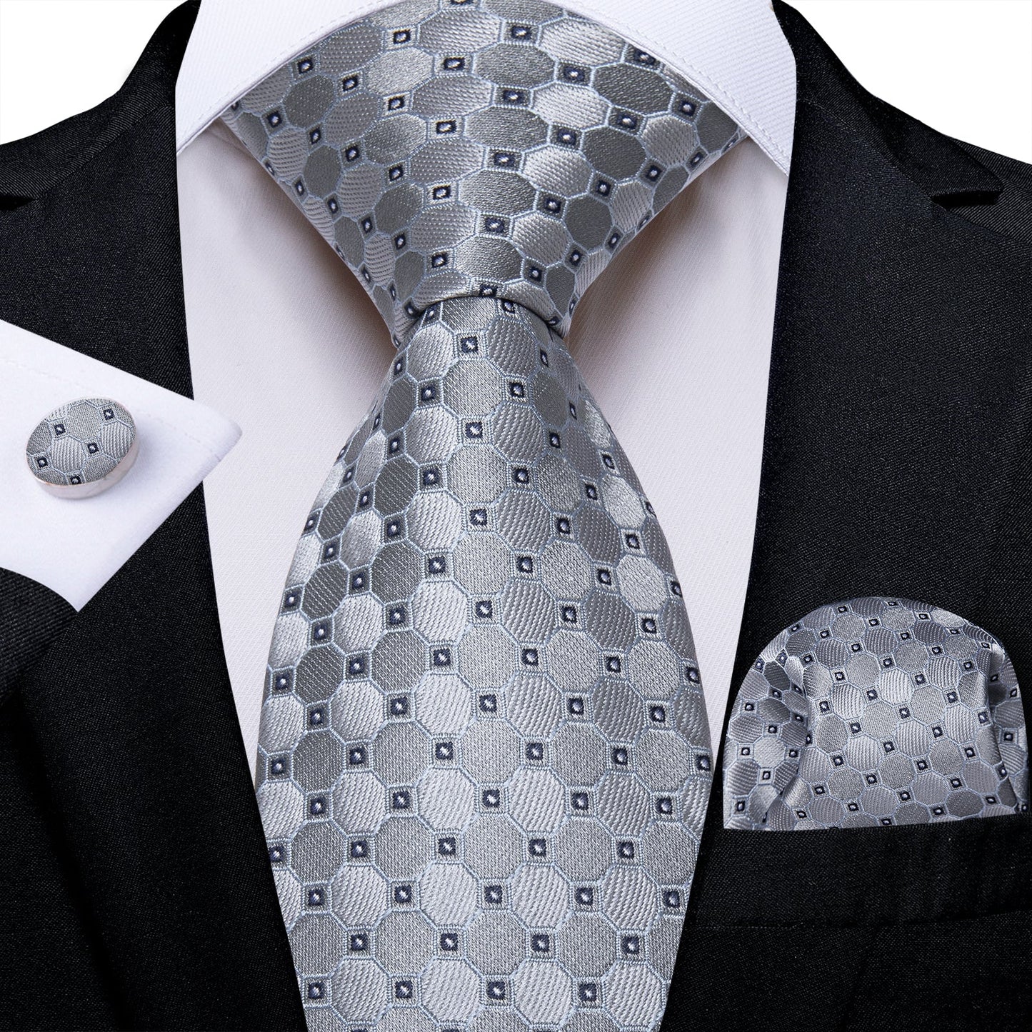 Silver and Gray Circle Silk Tie Set