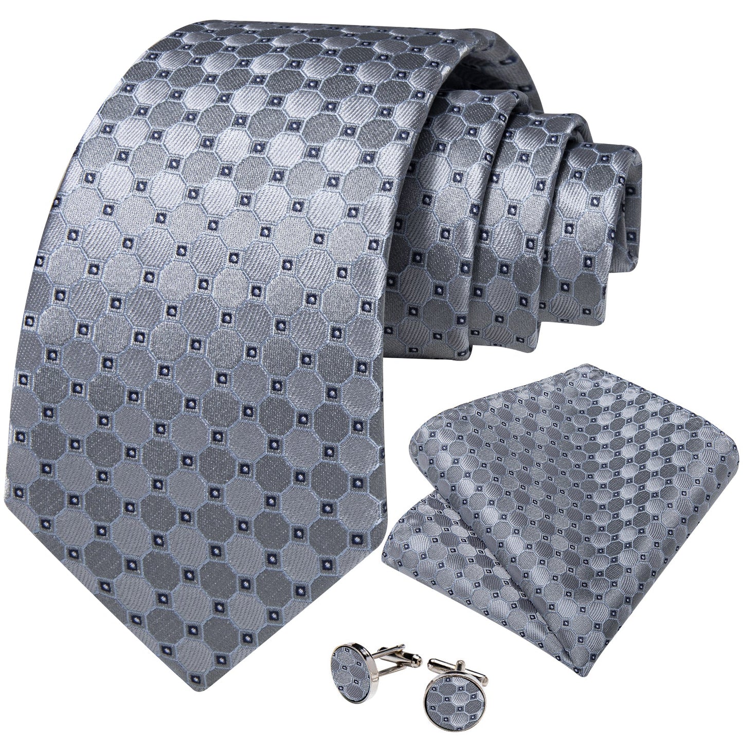 Silver and Gray Circle Silk Tie Set