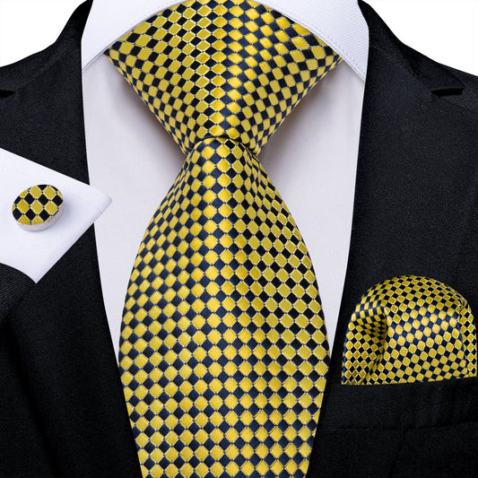 Yellow Plaid In Navy Blue Silk Tie Set