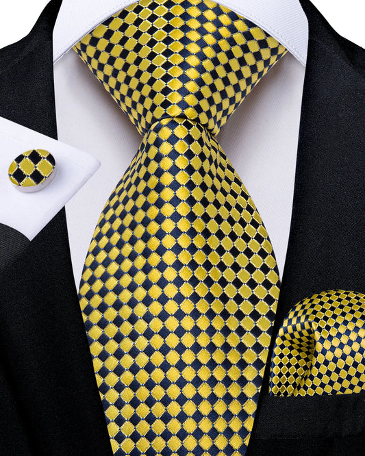 Yellow Plaid In Navy Blue Silk Tie Set